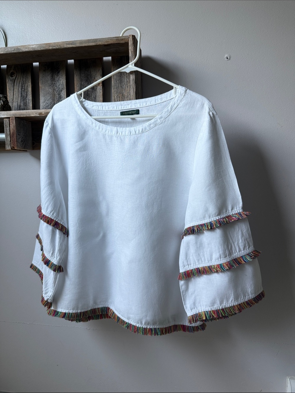 For Cynthia White Linen Top with Fringe Details Women’s XL